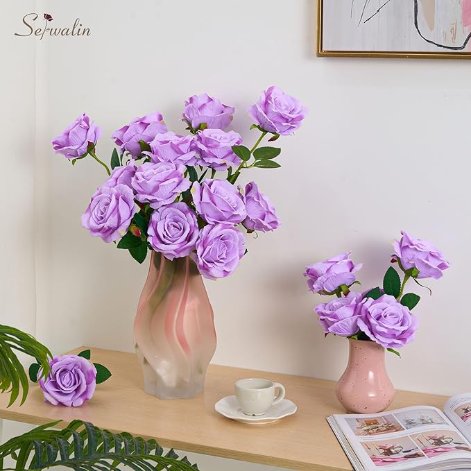 Serwalin 20pcs Artificial Roses, 4'' Big Flower Head, Light Purple Roses Velvet Real Touch, Silk Fake Roses Long Stem Realistic Bouquet for Wedding Table Centerpiece and Home Decor