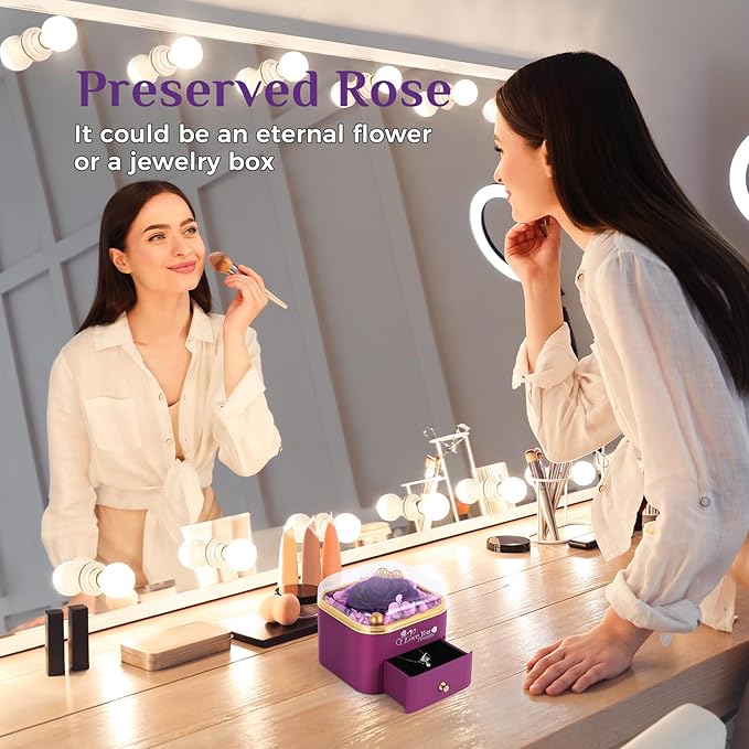 Mikasol Preserved Rose & Heart-Shaped Necklace with Jewelry Box - Preserved Rose, Ideal Romantic Gift for Women, Anniversary, Valentines, Purple, 4.9"x4.5"x4.3"