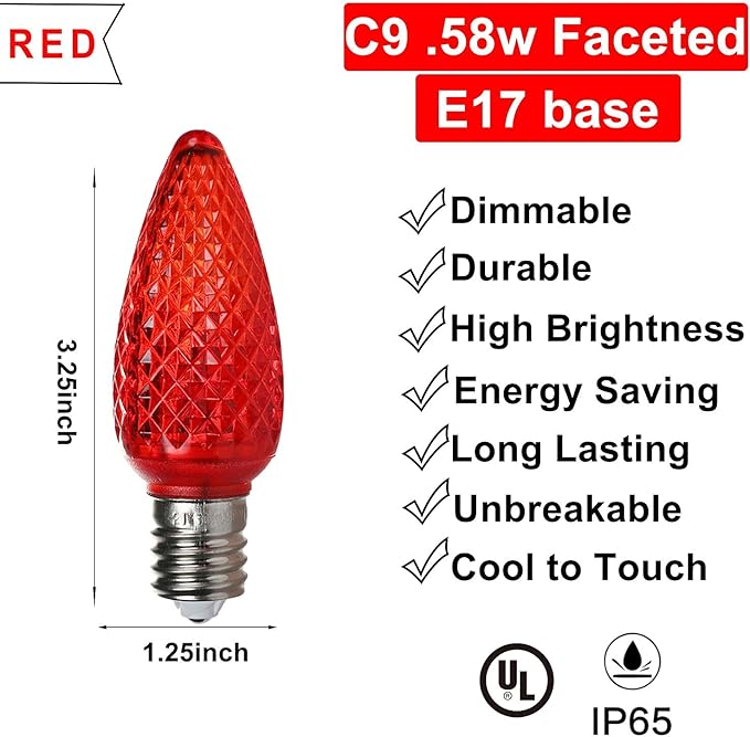 Vibrant Red LED Bulbs - Pack of 25 Dimmable UL Listed IP65 C9 Replacement Bulbs for Outdoor Christmas Decorations