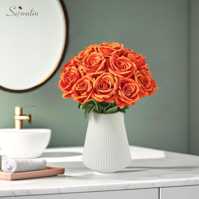 Serwalin 20pcs 4'' Big Orange Artificial Roses, Large Flower Head Silk Rose Velvet Real Touch, Fake Roses Long Stems Realistic Bouquet for Wedding, Table Centerpiece Home Decor