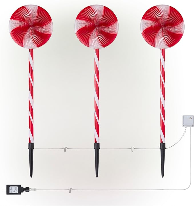 Alpine Corporation 28" H Outdoor Candy Cane Yard Stakes with Red and White LED Lights (Set of 3), Christmas Decoration