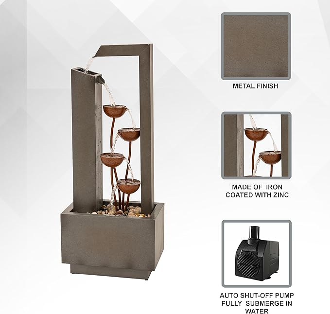 XBrand Sculptural Freestanding Metal Multi-Tiered Water Fountain w/Flowers, No LED Lights, Gray and Bronze, 38" Tall