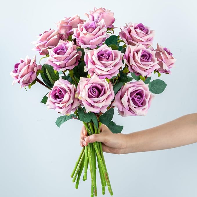Fake Roses Faux Flowers Silk Roses Artificial Roses with Stems Realistic Artificial Flowers 12PCS Suitable for Indoor Home Decoration DIY Bouquet Wedding Decor Party Decor Purple,16.5In