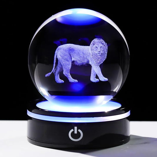 YWHL 3D Crystal Ball Lion Figurine with LED Base, Lion Gifts for Men Women Lions Lovers on Christmas Birthday, Lions Ornament Glass Sphere Decorative Ball for Home Decor (80mm)