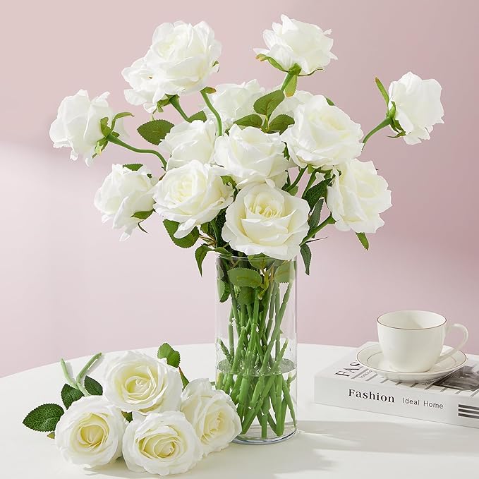 Serwalin 20PCS Artificial White Roses, 4'' Big Flower Head, Ivory Silk Roses, Velvet Fake Roses Bouquet Long Stem Roses for Home Decor Wedding and Table Centerpiece