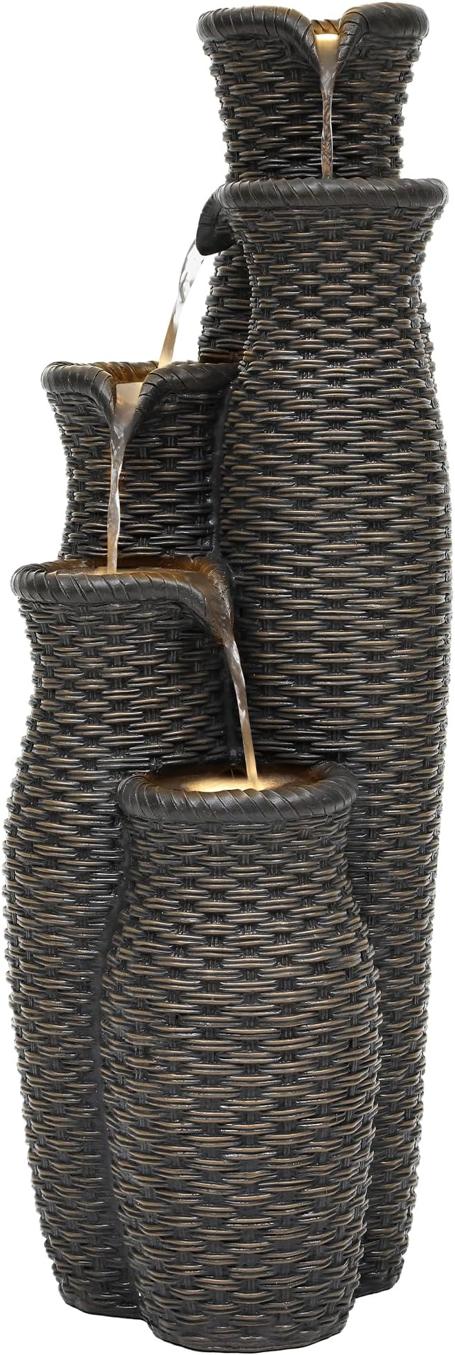 5-Tier Faux Rattan Vase Water Fountain Outdoor with LED Lights, Polyresin Cascading Waterfall Feature, Tranquil Oasis for Garden, Patio, Yard, or Porch