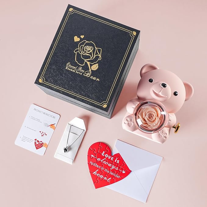 Cute Teddy Bear with Preserved Rose - A Real Rose Flower in Bear with Elegant Gift Box - Romantic Gift for Her in Mother's Day, Weddings, Anniversaries, and Bridal Showers (Champagne)