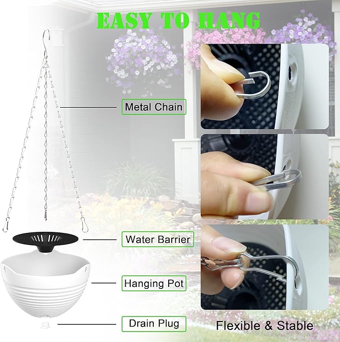Hanging Planters, Set of 9 White Hanging Pots, 8" Hanging Flower Pots, Plant Pots with Drainage Plugs, Water Barrier and Chains, Come with Free Mini Garden Tools Set