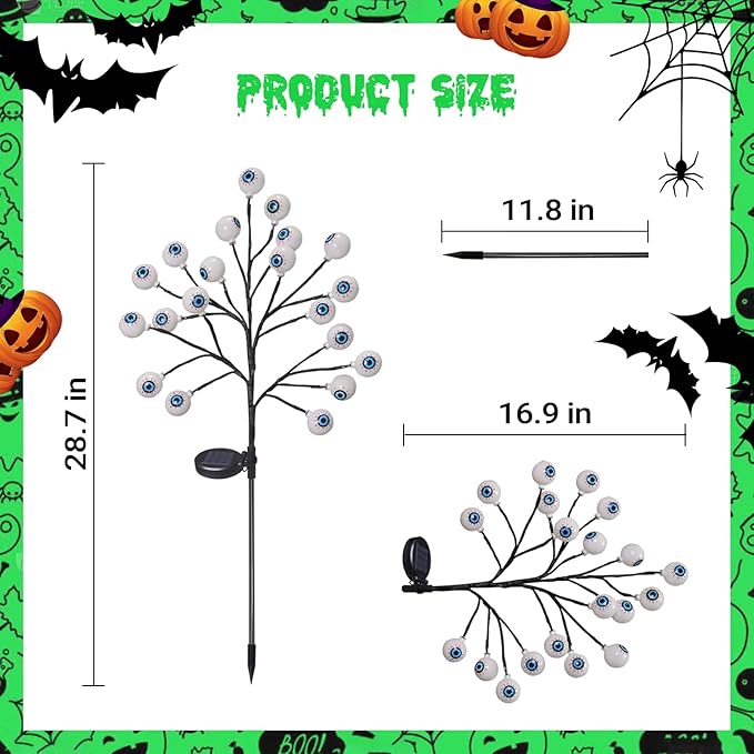 Solar Halloween Eyeball Pathway Lights Decorations, 3D Lighted Eyeball Stake Lights, 2 Pack 40 LED Halloween Lights, Outdoor Waterproof for Garden, Pathway and Yard Decoration
