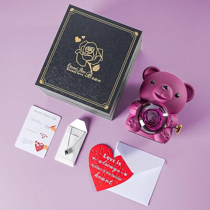 Cute Teddy Bear with Preserved Rose - A Real Rose Flower in Bear with Elegant Gift Box - Romantic Gift for Her in Mother's Day, Weddings, Anniversaries, and Bridal Showers (Purple)