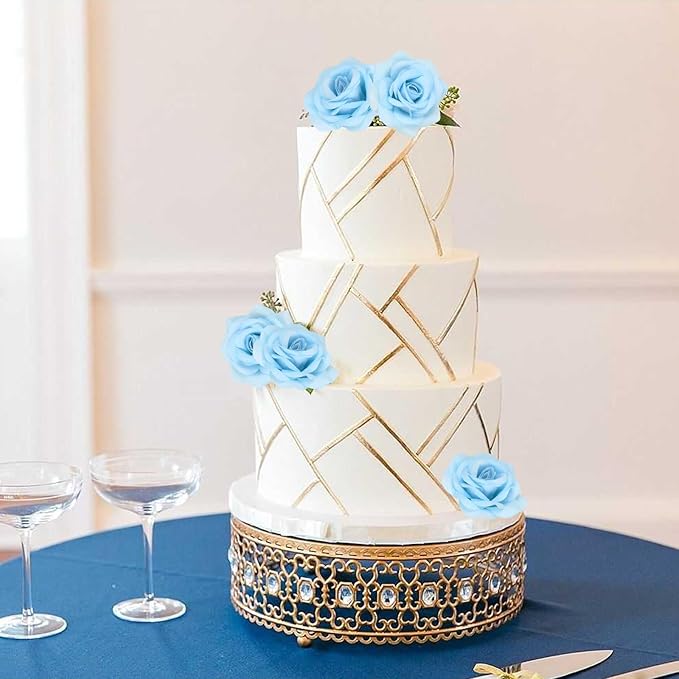 25PCS Artificial Rose Flower Heads Light Blue Rose Flower with Stem Velvet Rose Flowers Heads Bulk for DIY Wedding Home Party Baby Shower Decor(Light Blue)