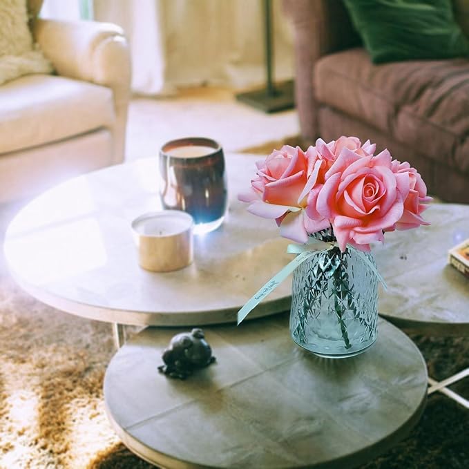 Artificial flower real touch roses feel and look realistic fake roses with short stems, suitable for gift, for wife girlfriend mom friends, Indoor home table,cake, hotel, car decoration (pink)