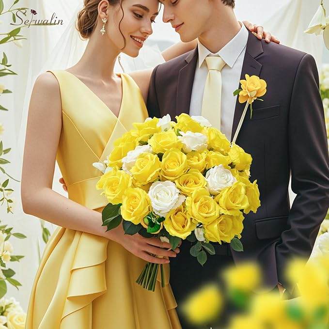 Serwalin 30pcs Artificial Yellow Roses, Realistic Silk Roses Fake Long Stem Artificial Roses for Mother,Wedding Bouquet Table Centerpieces Party Home Birthday Graduation Decorations