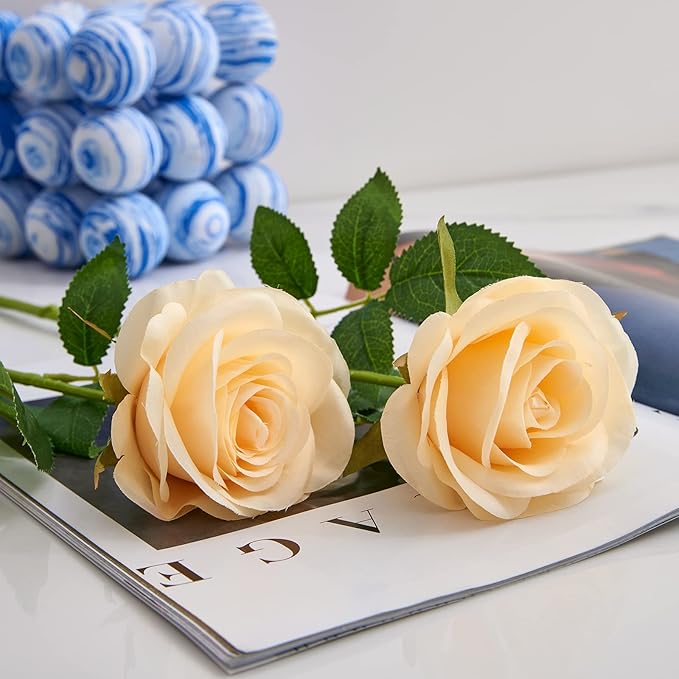 12pcs Champagne Roses Artificial Silk Flowers Faux Flowers with Long Stems for Wedding Decor Home Decor Baby Shower Party Centerpieces Decorations