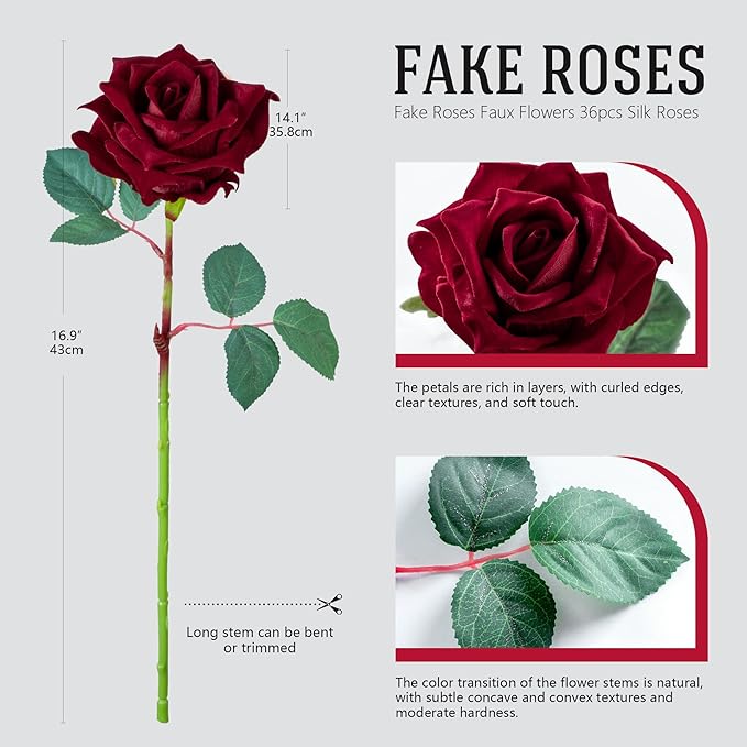 Fake Roses Faux Flowers Silk Roses Artificial Roses with Stems Realistic Artificial Flowers Suitable for Indoor Home Decoration DIY Bouquet Wedding Decor Party Decor 16.5In (Red, 36PCS)