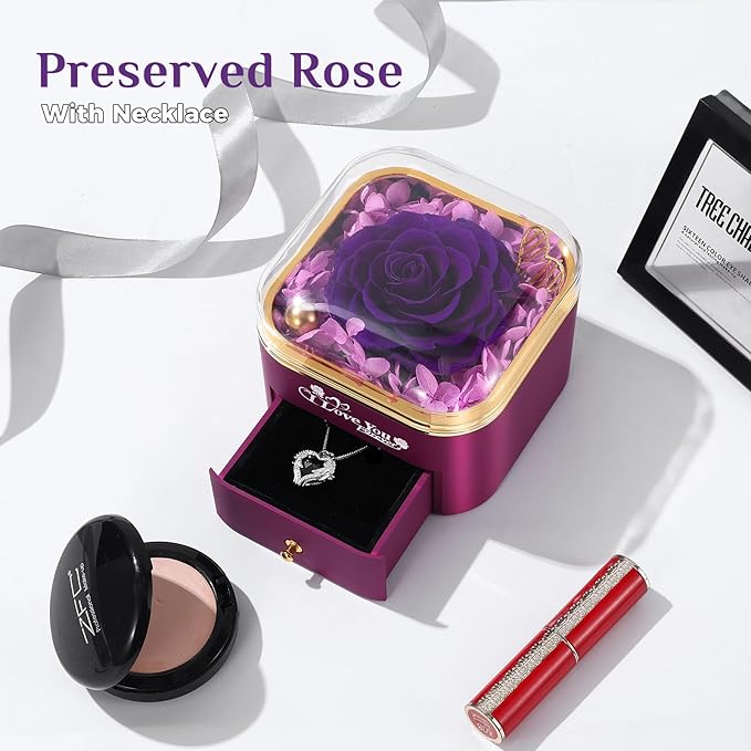 Mikasol Preserved Rose & Heart-Shaped Necklace with Jewelry Box - Preserved Rose, Ideal Romantic Gift for Women, Anniversary, Valentines, Purple, 4.9"x4.5"x4.3"