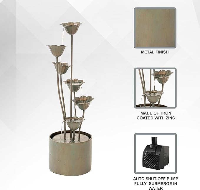 XBrand Sculptural Freestanding Metal Multi-Tiered Water Fountain w/Flowers, No LED Lights, Silver, 35" Tall