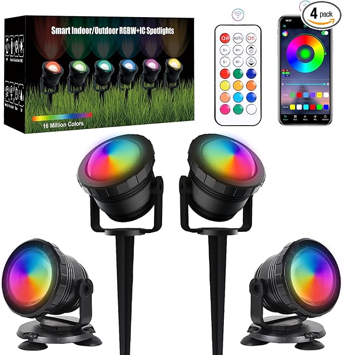 Smart APP Outdoor Landscape Spotlights IP68 Waterproof, RGB Color Changing Music Sync LED Landscaping Lights, Suction/Insertion Type Low Voltage Landscape Lighting for Christmas Halloween Decorations