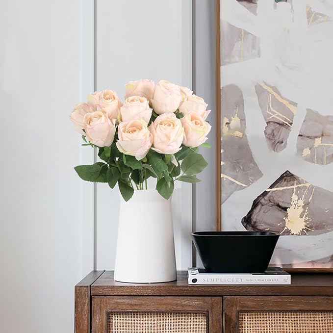 12pcs Pink Roses Artificial Flowers Vintage Burnt Edge Rose 20" Realistic Silk Roses Bouquet with Long Stem for Wedding Party Floral Centerpieces Decoration (Pink)