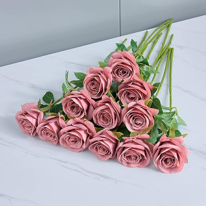 12pcs Roses Artificial Flowers Fake Roses Dusty Rose Pink Silk Roses Silk Flowers Rose with Long Stems for Wedding Home Party Centerpieces Decorations