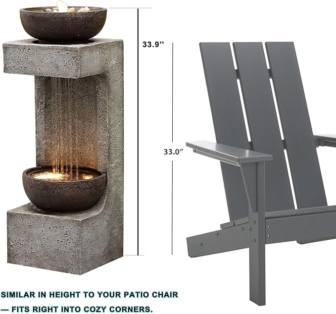 33.9" Waterfall Fountain Outdoor with LED Lights – Modern Rain Curtain Resin Garden Waterfall and Fountains, Bowl Design Outdoor Water Feature for Patio, Porch, Backyard, Lawn & Home Decor