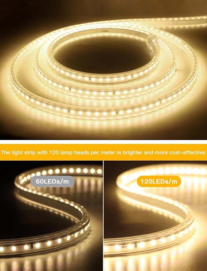 AIMENGTE Plug in LED Strip Lights for House, Led Lighting for Garden Yard Lawn Under Cabinet Patio Wardrobe Backyard, AC 110V, 240LEDs, 3000k LED Rope Lights (6.6ft, Warm White)