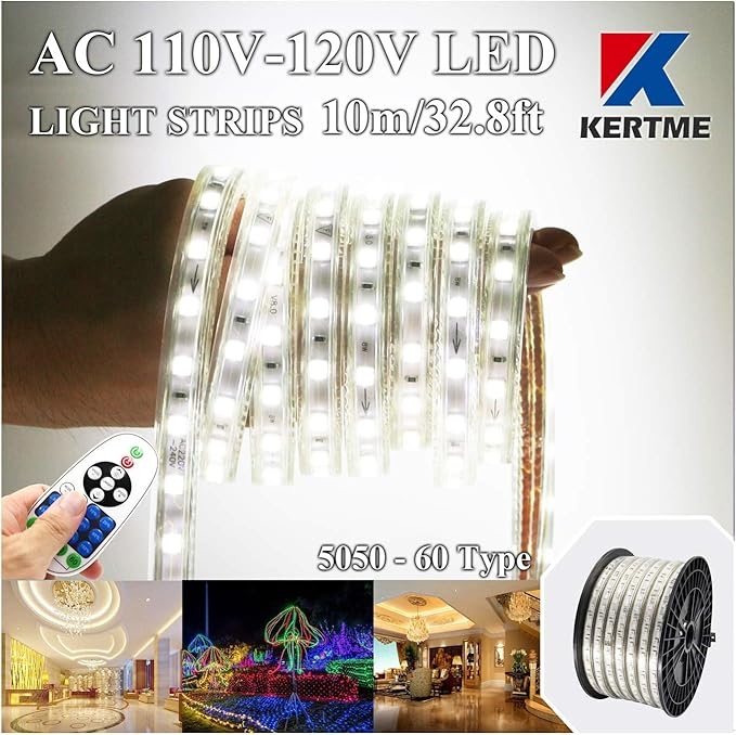 5050-60 Type AC 110-120V White LED Strip Lights, Flexible/Waterproof/Dimmable/Multi-Modes LED Rope Light + 23 Keys Remote for Home/Garden/Building Decoration (32.8ft/10m, White 6000K)