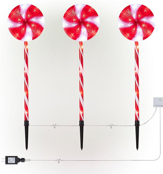 Alpine Corporation 28" H Outdoor Candy Cane Yard Stakes with Red and White LED Lights (Set of 3), Christmas Decoration