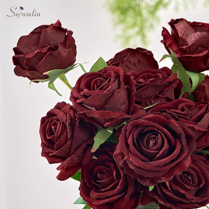 Serwalin 20pcs Artificial Dark Red Roses, 4'' Big Velvet Flower Head Fake Roses, Realistic Silk Roses Real Touch Bouquet Long Stems for Wedding Home Decor and Table Centerpiece