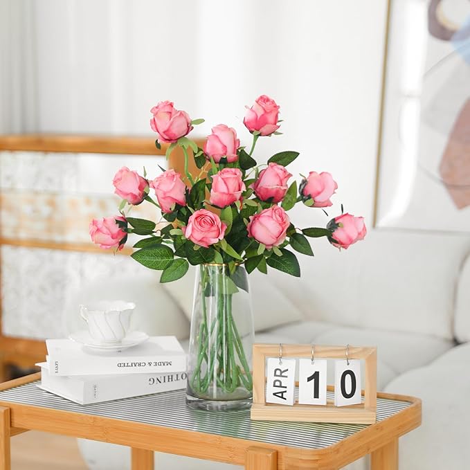 12Pcs Realistic Fake Dark Pink Roses Faux Flowers with Long Stems, Artificial Silk Rose Flowers for Valentines Day Home Wedding Decor Bridal Bouquet