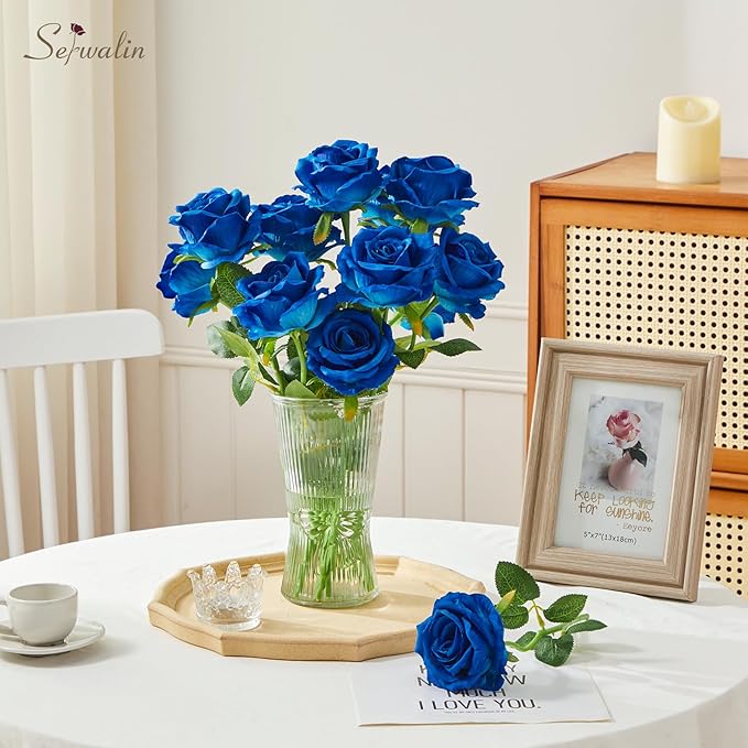 Serwalin 20pcs Artificial Roses, 4'' Big Flower Head, Blue Velvet Roses, Silk Fake Roses Long Stem Bouquet for and Wedding Arrangements Table Centerpiece