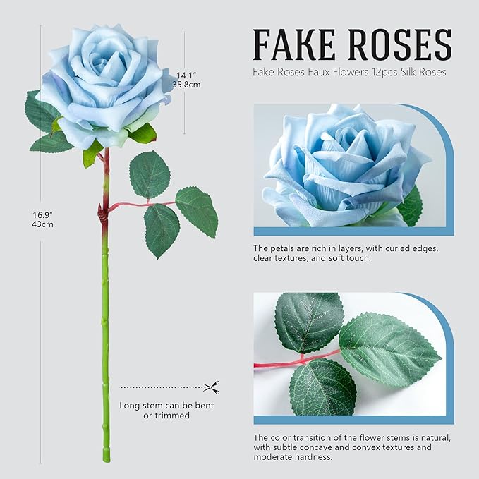 Fake Roses Faux Flowers Silk Roses 12PCS Artificial Roses with Stems Realistic Artificial Flowers Suitable for Indoor Home Decoration Diy Bouquet Wedding Decor Party Decoration (Blue)16.5“