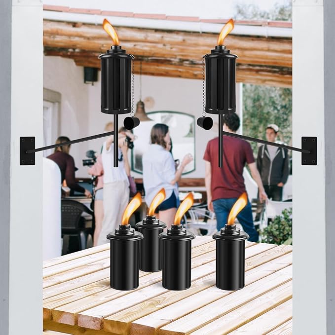 6 PCs Wall Mounted Citronella Torches for Outside, Metal 16 oz Garden Torches, Outdoor Garden Decorative, Easy Refillable Metal Torch for Patio, Deck, Garden, Yard, Black,