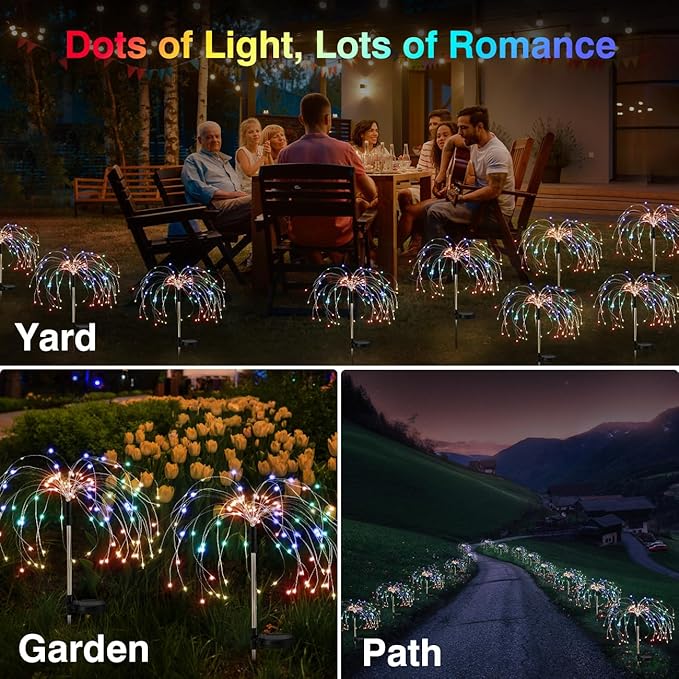 Firework Solar Garden Lights, 120 LED Solar Firework Lights with 8 Lighting Modes, Waterproof Sparkler Starburst Solar Lights Outdoor for Yard Porch Patio Backyard Decor Present, 4 Pack