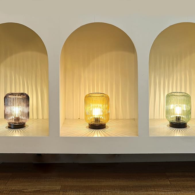 Battery Operated Lamp, Cordless Table Lamps for Home Decor, Battery Powered Nightlight with LED Bulb, Decorative Glass Beside Lamp for Bedroom Living Room-Grey