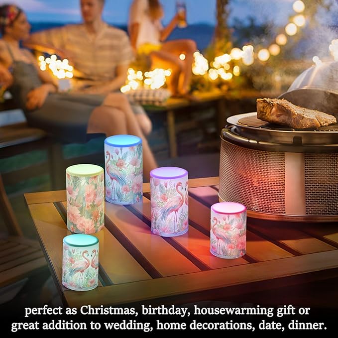 Flickering Flameless Candles, Pink Flamingo Print LED Candles with Remote Timer, Set of 2 Battery Operated Candle for Valentine Wedding Birthday
