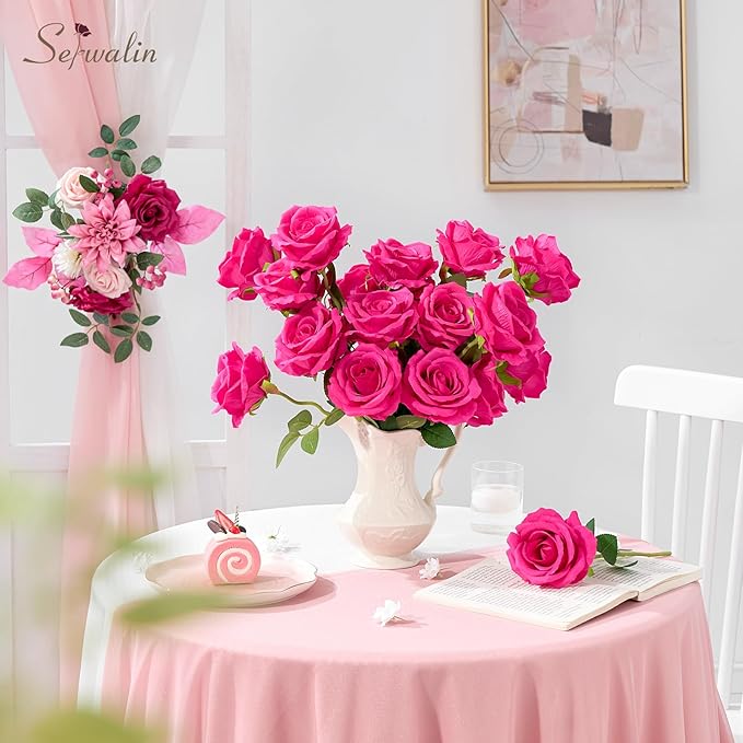 Serwalin 50pcs Artificial Roses Bulk, 4'' Big Velvet Flower Head, Hot Pink Rose Velvet Real Touch, Silk Fake Roses Long Stems Realistic Bouquet for Wedding Table Centerpiece and Home Decor