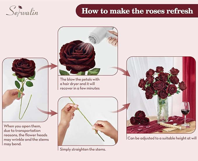 Serwalin 20pcs Artificial Dark Red Roses, 4'' Big Velvet Flower Head Fake Roses, Realistic Silk Roses Real Touch Bouquet Long Stems for Wedding Home Decor and Table Centerpiece