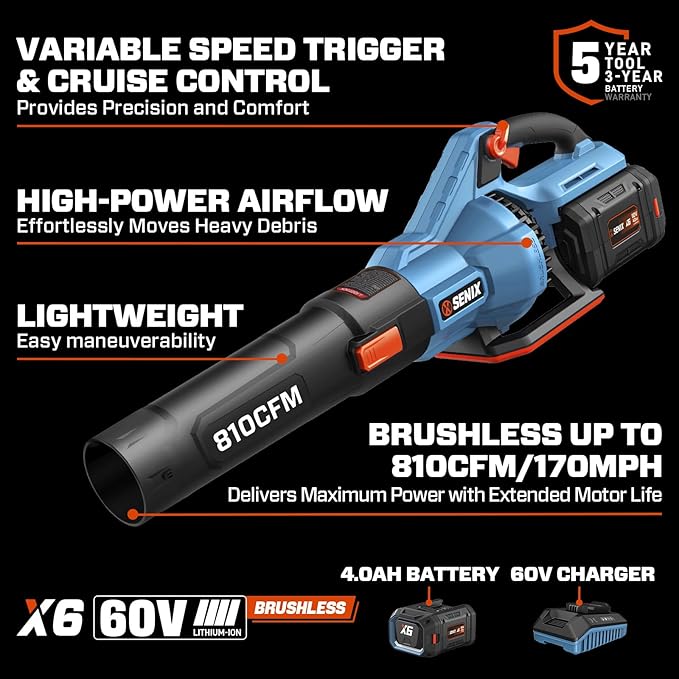 SENIX Leaf Blower Cordless, 60V Max 1300W Brushless Electric Leaf Blowers, 810 CFM & 170 MPH, Stepless Speed, Cruise Control, 60V 4.0Ah Battery & Charger Included,Blowers for Lawn Care, Yard, Garden