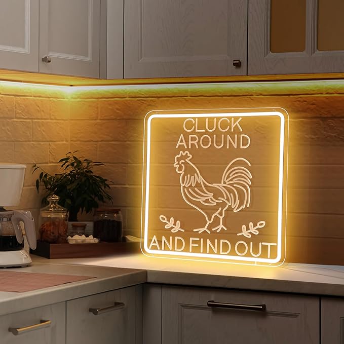 Funny Cluck Around and Find Out Large Neon Sign Dimmable, Rooster Decor 16 X 16 Inch Kitchen Decor for Farmhouse, Chicken Coop, Garden, Farm House Decoration, Rooster Gifts