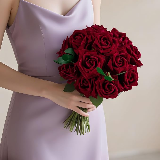 Fake Roses Faux Flowers Silk Roses Artificial Roses with Stems Realistic Artificial Flowers Suitable for Indoor Home Decoration DIY Bouquet Wedding Decor Party Decor 16.5In (12PCS, Red)