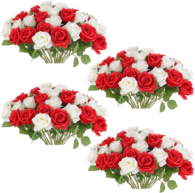36 Pcs Red and White Rose Artificial Roses Flowers Bouquet Centerpiece,Fake Silk Rose Stem Realistic Artificial Flowers Bulk for Bridal Wedding Bouquet Ball Arrangement Party Decor
