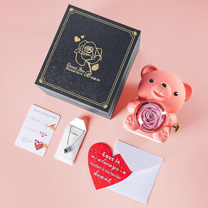 Cute Teddy Bear with Preserved Rose - A Real Rose Flower in Bear with Elegant Gift Box - Romantic Gift for Her in Mother's Day, Weddings, Anniversaries, and Bridal Showers (Pink)