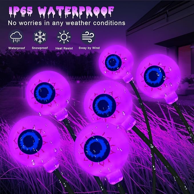 Solar Eyeball Lights Outdoor Waterproof 4 Pack 32 LED Halloween Eyeball Lights 8 Modes Scary Eyeballs Swaying Lights Eyeballs Halloween Decoration for Outside Yard Garden Party Decor (Purple)