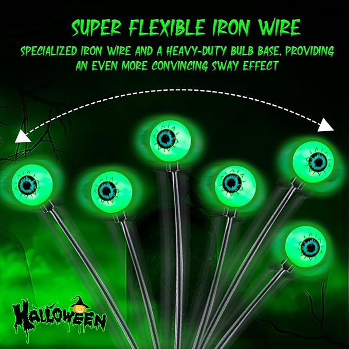 TONULAX Halloween Decorations Outdoor, 2 Pack Upgraded Solar Scary Eyeball Lights with Dual Lighting Modes, Swaying Firefly Lights, Solar Pathway Light for Yard, Garden,Yard Decor, Party (Green)