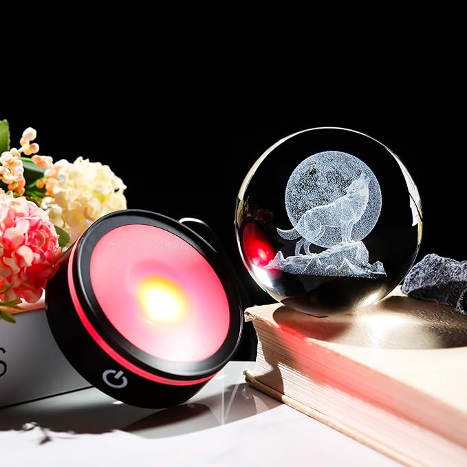 YWHL 3D Crystal Ball Moon Wolf Figurine with Colorful LED Base, Laser Wolf Gifts for Women Men Wolves Lovers on Christmas Birthday, Wolf Statue Glass Animal Decorative Ball for Home Decor (80mm)
