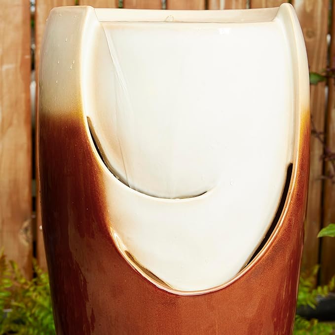 Glitzhome 29.25" H Oversized Ceramic Vase Outdoor Water Fountain, Tall Sand Beige Brown Glaze Patio Garden Water Fountain with LED Light and Submersible Pump for Garden Patio Balcony Yard Art Decor