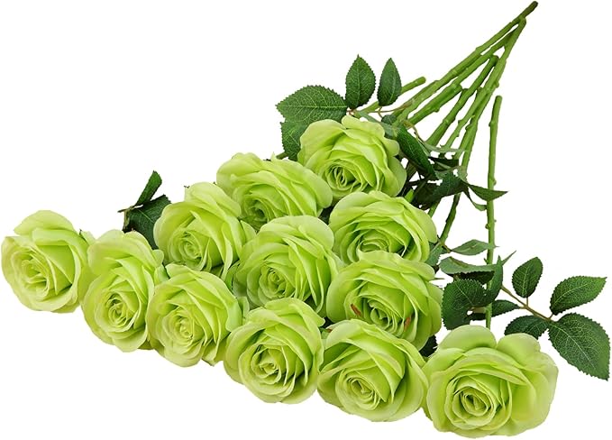 12pcs Roses Artificial Flowers Fake Roses Green Silk Roses White Silk Flowers Rose with Long Stems for Wedding Home Party Centerpieces Decorations