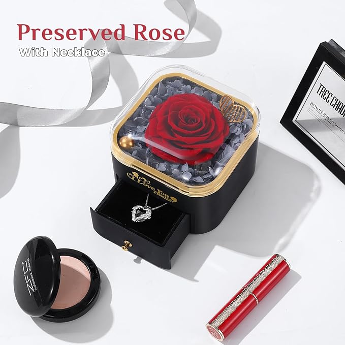 Mikasol Preserved Rose & Heart-Shaped Necklace with Jewelry Box - Preserved Rose, Ideal Romantic Gift for Women, Anniversary, Valentines, Black, 4.9"x4.5"x4.1"
