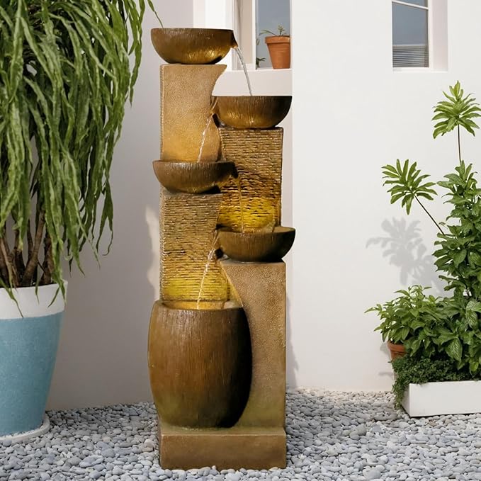 51.4" H Large Water Fountain Outdoor&Indoor, 5-Tiers Cascading Modern Feature Crocks Garden Fountains and Waterfalls with Warm Lights for Porch, Deck, Patio, Home Décor (Brown)